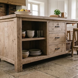 Reclaimed Oak Kitchen Island with Drawers, Rustic Farmhouse Work Table, Solid Wood Storage Cabinet