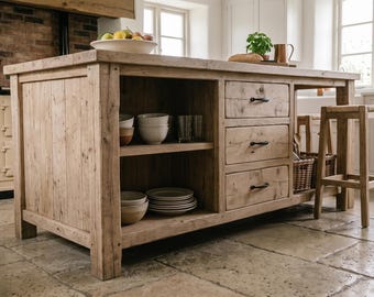 Reclaimed Oak Kitchen Island with Drawers, Rustic Farmhouse Work Table, Solid Wood Storage Cabinet