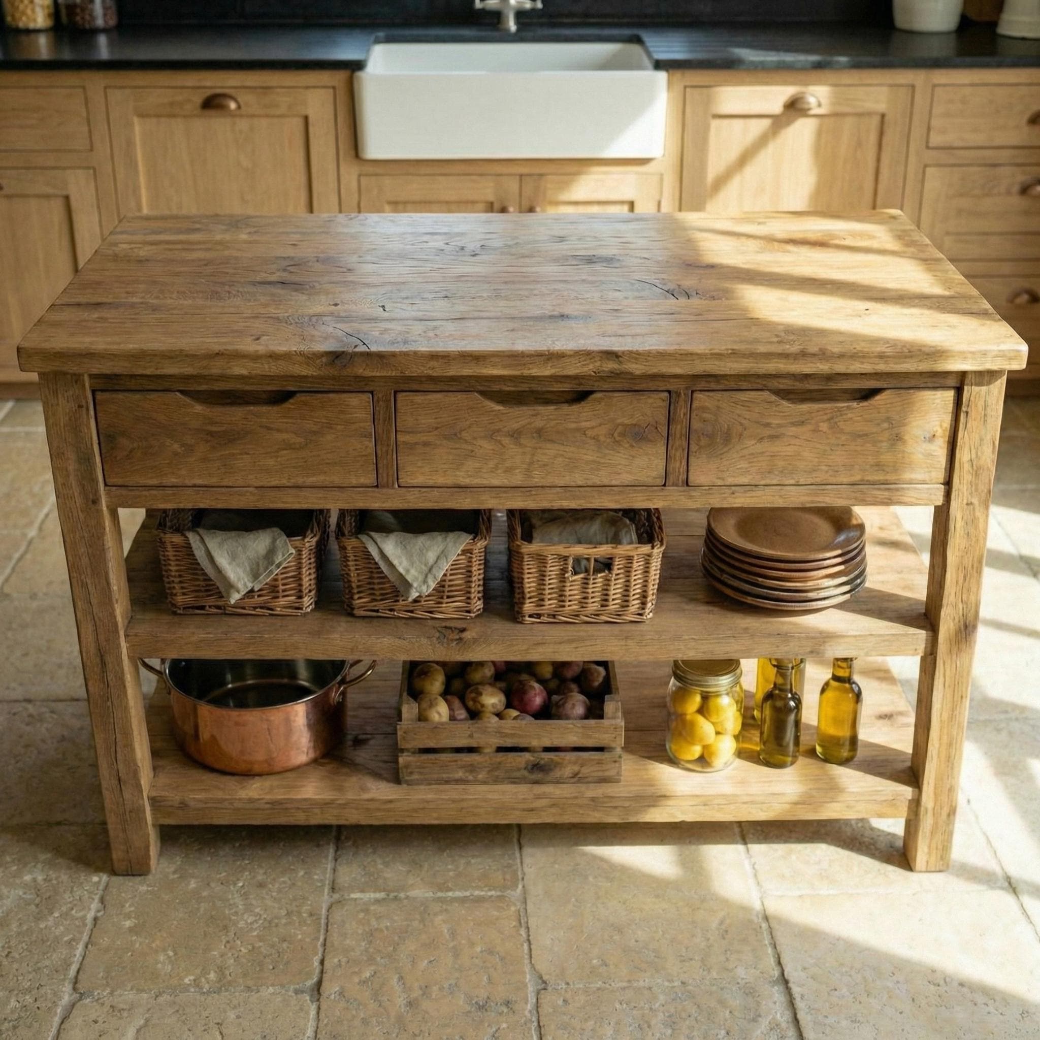 Solid Oak Kitchen Island With Drawers - Handmade Farmhouse Storage ...