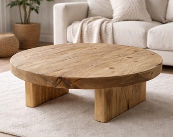 Round Rustic Solid Wood Coffee Table – Handmade Farmhouse Living Room Centerpiece – Solid Timber Low Table