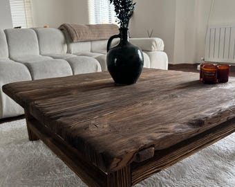 Rustic Reclaimed Wood Square Coffee Table, Handmade Distressed Living Room Piece