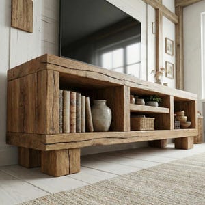 Peut inclure: Meuble TV en bois massif de style rustique avec une finition naturelle. Il comporte des étagères ouvertes pour le rangement, avec de la place pour des livres, un vase et des objets décoratifs. Le meuble est soutenu par des pieds carrés épais et est conçu pour un grand téléviseur.