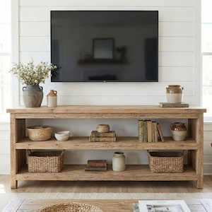 Oak TV Stand Solid Wood Media Console Rustic Farmhouse Entertainment Center with Storage Shelves