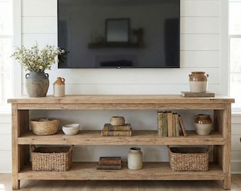 Oak TV Stand Solid Wood Media Console Rustic Farmhouse Entertainment Center with Storage Shelves