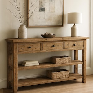 Rustic  Wood Console Table – 3 Drawer Farmhouse Entryway Table with Open Shelves – Handcrafted Hallway Furniture