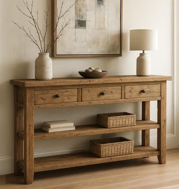 コンソールテーブル 引出収納付き ブラウン リビングルームと廊下に最適な、引き出しと収納棚付きの素朴な木製