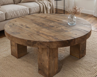 Rustic Round Coffee Table – Reclaimed Solid Wood Living Room Decor