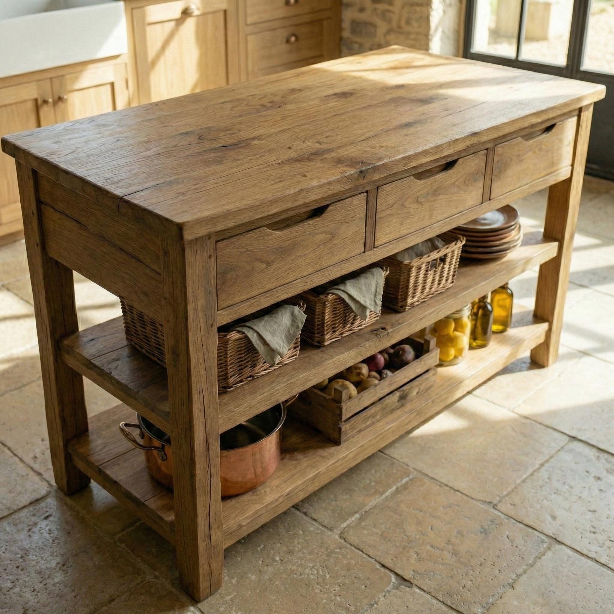 Solid Oak Kitchen Island With Drawers - Handmade Farmhouse Storage ...