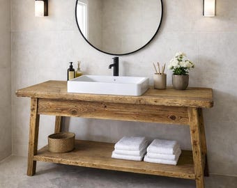 Rustic Solid Wood Bathroom Vanity Cabinet – Handmade Farmhouse Storage with Open Shelf
