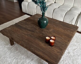 Rustic Handmade Square Coffee Table - Natural Distressed Wood Center Table - Vintage Living Room Decor