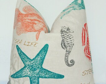 Pillow Cover, Decorative Pillow, Throw Pillow, Toss Pillow, Sofa Pillow, Nautical, Sea Creatures, Fish, Seahorse, Starfish, Home Furnishing