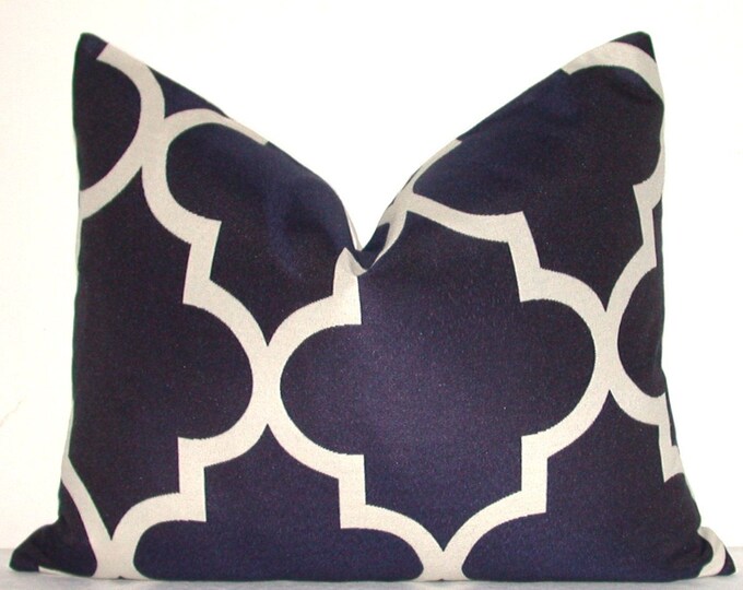 Set of Two Designer Fabric Pillow Covers Geometric Print Navy Blue 16x20 Inches Lattice Trellis