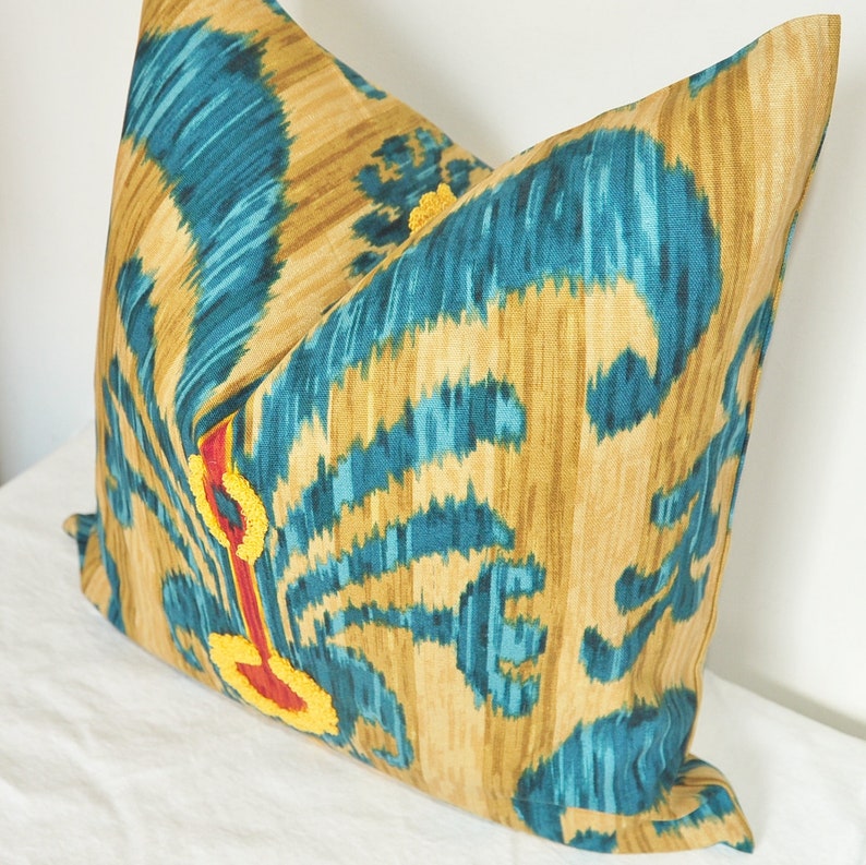 Pillow Cover, Decorative Pillow, Throw Pillow, Toss Pillow, Sofa Pillow, Blue Ikat, Yellow Embroidery, Java Moon,Home Furnishing, Home Decor image 2