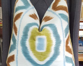 Kravet, Blue Ikat Pillow Cover, Brown, Chartreuse, Decorative Pillow Cover, Throw Pillow, Toss Pillow, Home Decor, Home Furnishing