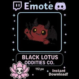 May include: A digital graphic featuring a cartoon red devil with horns, wings, and glowing yellow eyes, waving from a black background. The text "Emote" and "Black Lotus Oddities Co." are displayed, along with a pink lotus flower with a skull.