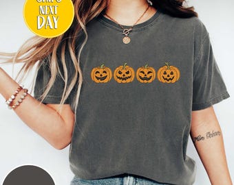 Embroidered Pumpkin Shirt, Comfort Colors Embroidered Pumpkin Tee, Halloween Shirt, Vintage Halloween Shirt, Spooky Season Shirt-BC427