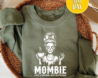 Funny Mombie Zombie Mom Sweatshirt, Mombie Hoodie, Zombie Sweater with Skelton Mom, Halloween Mom, Mothers Day Gift, Tired Mom Sweater-BC213