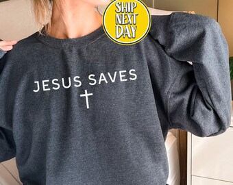 Sudadera con la frase "Jesús salva", suéter cristiano con estética universitaria, sudadera con capucha con versículo bíblico, suéter religioso, suéter de fe - BC285