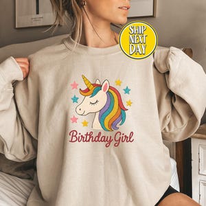 Whimsical Unicorn with Rainbow Mane and Birthday Girl Sweatshirt, Unicorn Rainbow Birthday Girl Hoodie, Girls Rainbow Unicorn Birthday-BC388