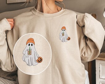 Sudadera con bordado de fantasma de café helado, sudadera con capucha de fantasma, suéter de Halloween, suéter de fantasma lindo, sudadera con capucha de fantasma de café helado - BC426