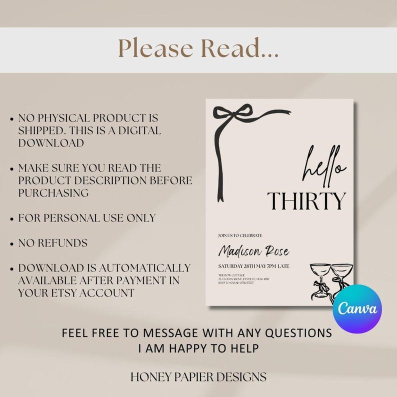 Puede incluir: Una invitaci&oacute;n digital con el texto "hello THIRTY" en escritura negra. La invitaci&oacute;n incluye detalles del evento para Madison Rose, con un dise&ntilde;o de lazo y l&iacute;nea. El texto adicional incluye "Please Read..." y detalles de la tienda.