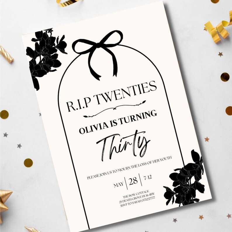 May include: A cream-colored invitation with black text and floral accents. The text reads "R.I.P. TWENTIES" and "Olivia is turning Thirty." The invitation includes the date, time, and location for the event.