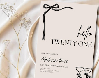 Hello Twenty One Birthday Invitation Template, Editable Hello Twenty One Invite, Minimalist 21st Invite, 21st Bow Invite, Elegant Invite