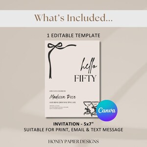 May include: A beige invitation template with black text and graphics. The text reads "hello FIFTY" and includes event details. The invitation is 5x7 inches and suitable for print, email, and text messages. The Canva logo is visible.