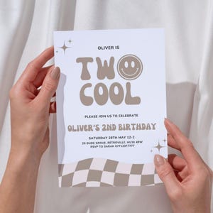 Two Cool Birthday Invitation Editable Template, Retro Smiley Face Second Birthday Invite, 2nd Birthday Invite, Digital Download, Printable