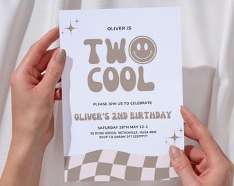 Two Cool Birthday Invitation Editable Template, Retro Smiley Face Second Birthday Invite, 2nd Birthday Invite, Digital Download, Printable