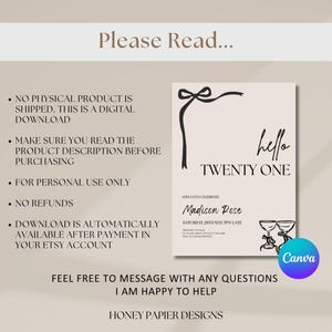 May include: A digital invitation with the text "hello TWENTY ONE" and event details. The design includes a black bow and decorative elements. The invitation is for a birthday celebration.