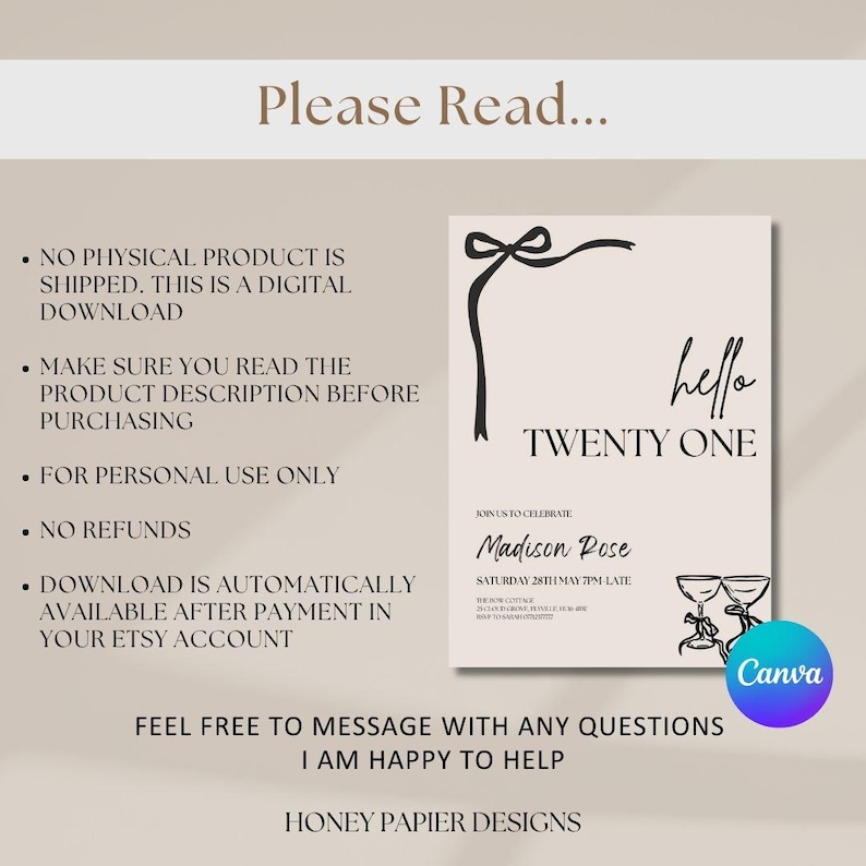 May include: A digital invitation with the text "hello TWENTY ONE" and event details. The design includes a black bow and decorative elements. The invitation is for a birthday celebration.