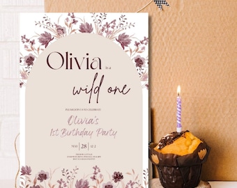 Wildflower Wild One Birthday Invitation Editable Template, Wildflower First Birthday Invite, Floral 1st Birthday Invite, Printable Template