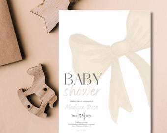 Beige Bow Baby Shower Invitation, Editable Neutral Bow Baby Shower Invite, Gender Neutral Shower, Minimalist Baby Shower, Coquette Theme