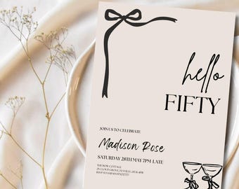 Plantilla de invitación de cumpleaños número 50, editable, minimalista, con lazo, elegante, para cualquier edad.