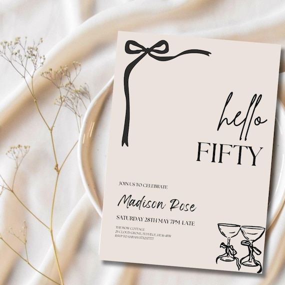 Hello Fifty Birthday Invitation Template, Editable Hello Fifty Invite, Minimalist 50th Invite, 50th Bow Invite, Elegant Invite, Any Age