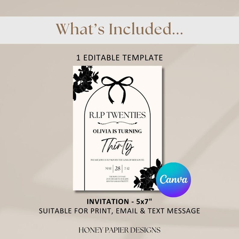 May include: A black and white invitation template with the text "R.I.P Twenties" and "Thirty". The invitation is 5x7 inches and suitable for print, email, and text message. The design includes floral accents and a Canva logo.