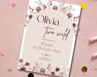 Plantilla editable de invitación de cumpleaños de Wildflower Two Wild, segundo cumpleaños de Wildflower, Two Wild Birthday, descarga digital, plantilla imprimible