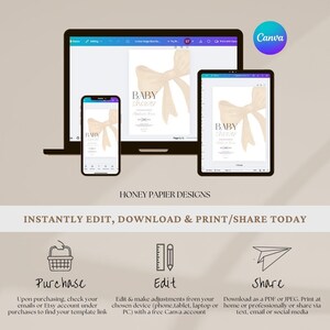 May include: A digital baby shower invitation template displayed on a laptop, tablet, and phone. The design features a beige bow and the words "Baby Shower." The image also includes the Canva logo and instructions to edit, download, and share.
