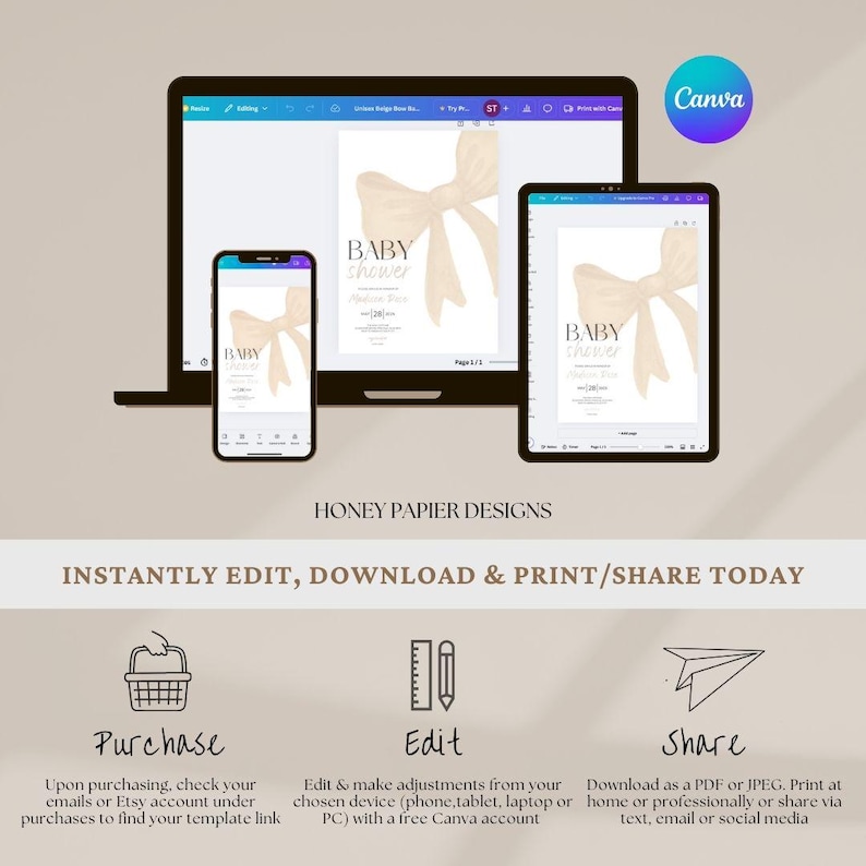 May include: A digital baby shower invitation template displayed on a laptop, tablet, and phone. The design features a beige bow and the words "Baby Shower." The image also includes the Canva logo and instructions to edit, download, and share.