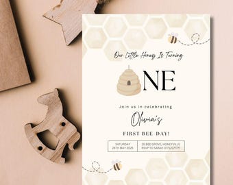 First Bee Day Birthday Invitation Template, Editable Bee Birthday Invite, Bumble Bee 1st Birthday, Digital Download, Printable Template