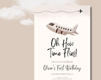 Flugzeug 1. Geburtstagseinladung, bearbeitbare Flugzeug-Geburtstag einladen, Oh wie die Zeit vergeht, neutrale Flugzeug-Einladung, druckbare Vorlage