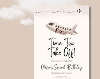 Airplane 2nd Birthday Invitation, Editable Plane Birthday Invite, Time Two Take Off Invite, Neutral Aeroplane Invitation, Printable Template