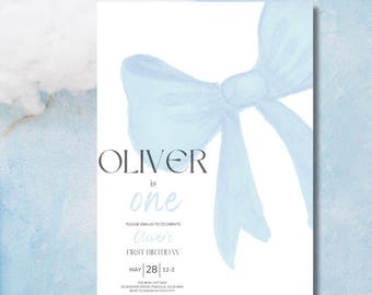 Blue Bow Birthday Invitation Editable Template, Blue Bow Birthday Invite, Coquette Birthday Invite, Digital Download, Printable Template