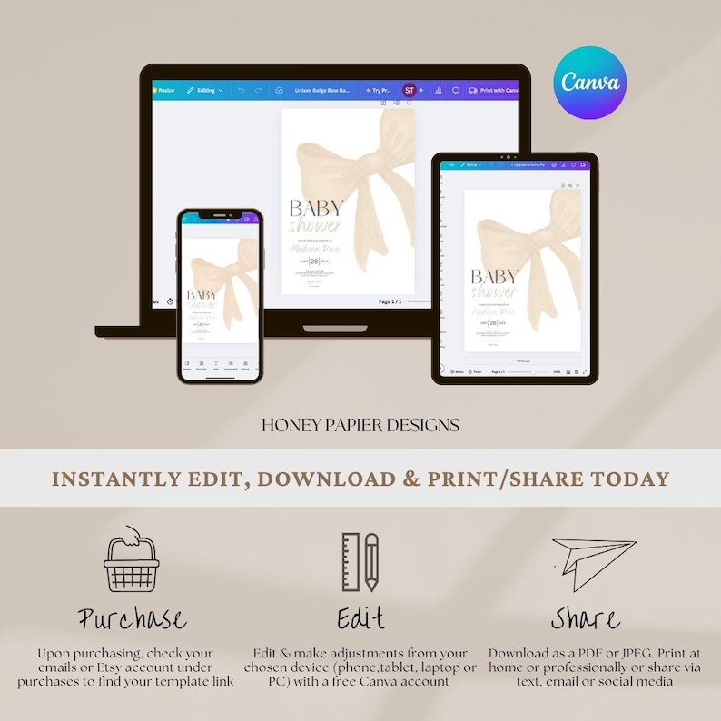 May include: A baby shower invitation template displayed on a laptop, tablet, and smartphone. The design features a beige bow and the words "Baby Shower." The image also includes the text "Instantly Edit, Download & Print/Share Today."