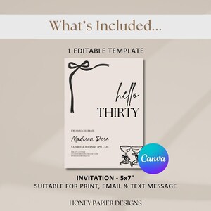Puede incluir: Una plantilla de invitaci&oacute;n beige con texto y gr&aacute;ficos en negro. Las palabras "hello THIRTY" se muestran de forma destacada. La invitaci&oacute;n mide 12,7 x 17,8 cm y es adecuada para imprimir, enviar por correo electr&oacute;nico y enviar mensajes de texto. El logotipo de Canva es visible.