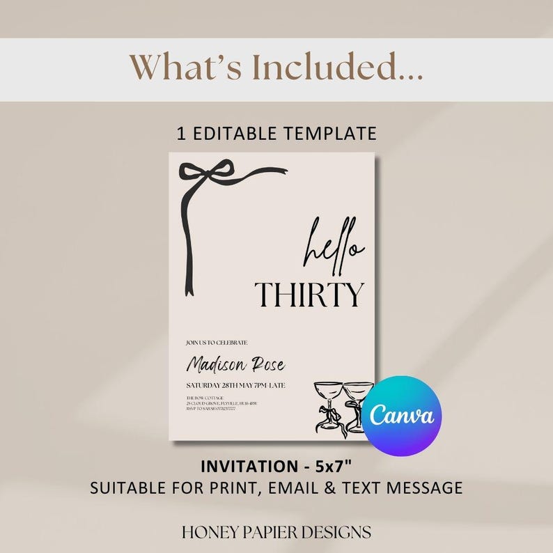 Puede incluir: Una plantilla de invitaci&oacute;n beige con texto y gr&aacute;ficos en negro. Las palabras "hello THIRTY" se muestran de forma destacada. La invitaci&oacute;n mide 12,7 x 17,8 cm y es adecuada para imprimir, enviar por correo electr&oacute;nico y enviar mensajes de texto. El logotipo de Canva es visible.