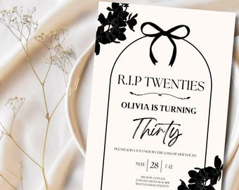 Plantilla de invitación de cumpleaños "Descansa en paz a mis 20", invitación editable "Muerte a mi juventud", invitación para funeral de mi juventud por mi 30.º cumpleaños, "Muerte a mis 20".
