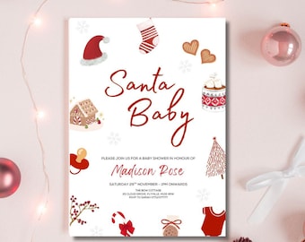 Peut inclure: Une invitation à une baby shower sur le thème de Noël. L'invitation présente les mots "Santa Baby" en écriture rouge, ainsi que des illustrations festives telles qu'un bonnet de Père Noël, une maison en pain d'épices et un sapin de Noël. L'invitation est pour Madison Rose.
