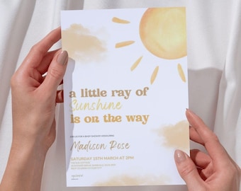 A Little Ray Of Sunshine Baby Shower Invitation Editable Template, Sunshine Baby Shower Invite, Boho Sun Baby Shower, Digital Download